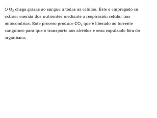 O O2 chega grazas ao sangue a todas as células. Éste é empregado en
extraer enerxía dos nutrientes mediante a respiración celular nas
mitocondrias. Este proceso produce CO2 que é liberado ao torrente
sanguíneo para que o transporte aos alvéolos e sexa expulsado fóra do
organismo.
 