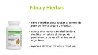• Fibra y hierbas para ayudar al control de
peso de forma segura y efectiva.
• Aporta una mayor cantidad de fibra
dietética, y reduce el tiempo de
permanencia de los alimentos en el
organismo.
• Ayuda a eliminar toxinas y residuos.
 