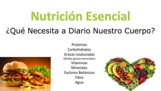 ¿Qué Necesita a Diario Nuestro Cuerpo?
Proteínas
Carbohidratos
Grasas insaturadas
(Ácidos grasos esenciales)
Vitaminas
Minerales
Factores Botánicos
Fibra
Agua
 