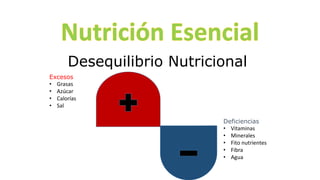 Desequilibrio Nutricional
Excesos
• Grasas
• Azúcar
• Calorías
• Sal
Deficiencias
• Vitaminas
• Minerales
• Fito nutrientes
• Fibra
• Agua
 