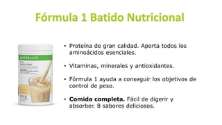 • Proteína de gran calidad. Aporta todos los
aminoácidos esenciales.
• Vitaminas, minerales y antioxidantes.
• Fórmula 1 ayuda a conseguir los objetivos de
control de peso.
• Comida completa. Fácil de digerir y
absorber. 8 sabores deliciosos.
 
