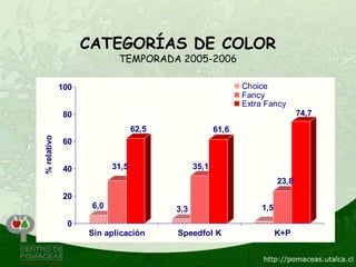 CATEGORÍAS DE COLOR
                           TEMPORADA 2005-2006

             100                                            Choice
                                                            Fancy
                                                            Extra Fancy
             80                                                              74,7
                                 62,5                61,6
% relativo




             60


             40           31,5                35,1
                                                                      23,8
             20
                    6,0                 3,3                     1,5
              0
                   Sin aplicación       Speedfol K                    K+P
 