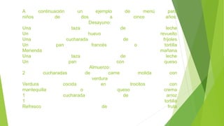 A continuación un ejemplo de menú para
niños de dos a cinco años:
Desayuno:
Una taza de leche
Un huevo revuelto
Una cucharada de frijoles
Un pan francés o tortilla
Merienda mañana
Una taza de leche
Un pan con queso
Almuerzo:
2 cucharadas de carne molida con
verdura
Verdura cocida en trocitos con
mantequilla o queso crema
1 cucharada de arroz
1 tortilla
Refresco de fruta
 