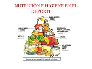 NUTRICIÓN E HIGIENE EN EL
DEPORTE
Tomado: www.cerargentina.com/novedades
 