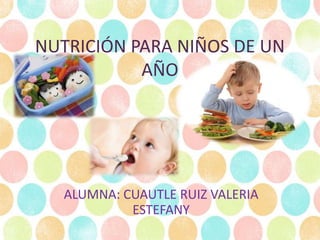 NUTRICIÓN PARA NIÑOS DE UN
           AÑO




   ALUMNA: CUAUTLE RUIZ VALERIA
            ESTEFANY
 