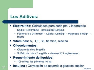 Los Aditivos:
        Electrolitos: Calculados para cada pte. / laboratorio
         –   Sodio: 40/50mEq/l – potasio:30/40mEq/l
         –   Fósforo: 9 a 24 mmol/l – Calcio: 4,5mEq/l – Magnesio 8mEq/l -
             Hierro
        Vitaminas: A, D,E, B6, tiamina, niacina
        Oligoelementos:
         –   Cloruro de cinc 3mg/día
         –   Sulfato de cobre 1 mg/día - vitamina K 5 mg/semana
        Requerimiento de líquidos:
         –   100 ml/kg los primeros 10 kg.
        Insulina : Corrección de acuerdo a glucosa capilar
11                                                                 20/06/12
 