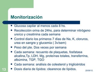 Monitorización
        Glucosa capilar al menos cada 8 hs.
        Recolección orina de 24hs, para determinar nitrógeno
         ureíco y creatinina cada semana
        Control diario los primeros 7 días de Na, K, cloruros,
         urea en sangre y glucemia ( 3v/sem)
        Peso del pte. Dos veces por semana
        Cada semana: recuento de plaquetas, fosfatasa
         alcalina,Tp, LDH, Mg, proteínas totales, transferrina,
         albúmina, TGP, TGO
        Cada semana: análisis de colesterol y triglicéridos
13      Dosis diaria de lípidos: clearence de lípidos.      20/06/12
 