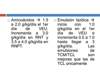  Aminoácidos  1.5 
a 2.0 g/kg/día el 1er 
día de VEU. 
Incrementa a 3.0 
g/kg/día en RNT y 
3.5 a 4.0 g/kg/día en 
RNPT. 
 Emulsión lipídica  
inicia con 1.0 
g/kg/día en el 1er 
día de VEU e 
incrementa 0.5 a 1.0 
hasta llegar a 3 
g/kg/día. Las 
emulsiones de 
TCM/TCL son 
mejores que las de 
TCL únicamente 
 