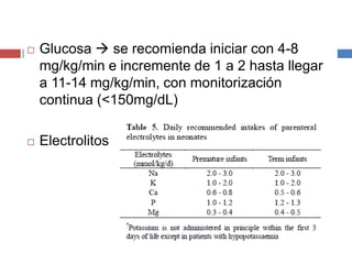  Glucosa  se recomienda iniciar con 4-8 
mg/kg/min e incremente de 1 a 2 hasta llegar 
a 11-14 mg/kg/min, con monitorización 
continua (<150mg/dL) 
 Electrolitos 
 