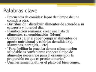 Palabras clave
• Frecuencia de comidas: lapso de tiempo de una
  comida a otra.
• Distribución : distribuir alimentos de acuerdo a su
  categoría y hora del día.
• Planificación semanas: crear una lista de
  alimentos, su combinación (Menú)
• Compras : al ir al súper comprar alimentos de
  aporte nutricional y calórico de calidad (ej.
  Manzanas, naranjas,.., etc)
• “Para facilitar la practica de una alimentación
  saludable es conveniente conocer el tipo de
  alimentos necesarios para el organismo y la
  proporción en que es precio tomarlos”
• Una herramienta útil es el plato del bien comer.
 