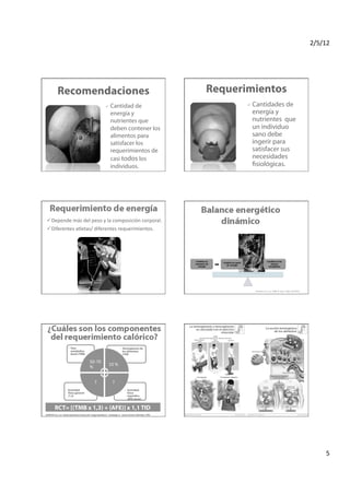 2/5/12	
  




                    Recomendaciones                                                                                                                                                             Requerimientos
                                                                                                              Cantidad de                                                                                                            Cantidades de
                                                                                                               energía y                                                                                                               energía y
                                                                                                               nutrientes que                                                                                                          nutrientes que
                                                                                                               deben contener los                                                                                                      un individuo
                                                                                                               alimentos para                                                                                                          sano debe
                                                                                                               satisfacer los                                                                                                          ingerir para
                                                                                                               requerimientos de                                                                                                       satisfacer sus
                                                                                                               casi todos los                                                                                                          necesidades
                                                                                                               individuos.                                                                                                             fisiológicas.




   epende	
  más	
  del	
  peso	
  y	
  la	
  composición	
  corporal.	
  
  D
   iferentes	
  atletas/	
  diferentes	
  requerimientos.	
  
  D




                                                                                                                                                                                        Cambios en
                                                                                                                                                                                        consumo de
                                                                                                                                                                                          energía
                                                                                                                                                                                                     -­‐	
     Cambios en gasto
                                                                                                                                                                                                                 de energía
                                                                                                                                                                                                                                                               Cambios en las
                                                                                                                                                                                                                                                                  reserva
                                                                                                                                                                                                                                                                energéticas




                                                                                                                                                                                                                                        Stunkard.	
  A.J	
  y	
  col.	
  	
  1988.	
  N.	
  Engl.	
  J.	
  Med.	
  314:193-­‐8.	
  




                                      •  Tasa                                                                                  •  Termogénesis de
                                         metabólica                                                                               los alimentos
                                         basal (TMB)                                                                              (TID)

                                                                           50-­‐70	
  
                                                                                                            10	
  %	
  
                                                                           %	
  	
  


                                                                                   ?	
                            ?	
  
                                  •  Actividad                                                                                          •  Actividad
                                     física general                                                                                        física
                                     (1,3)                                                                                                 específica
                                                                                                                                           (AFE correr)


               RCT= [(TMB x 1,3) + (AFE)] x 1,1 TID
MONTOYE	
  HJ,	
  y	
  col.	
  	
  Measuring	
  Physical	
  Ac:vity	
  and	
  	
  Energy	
  Expenditure.	
  	
  Champaign,	
  IL:	
  	
  Human	
  Kine:cs	
  Publica:on;	
  1996.	
  




                                                                                                                                                                                                                                                                                                                                             5	
  
 