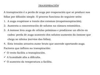 TRANSPIRACIÓN
A transpiración é a perda de auga por evaporación que se produce nas
follas por difusión simple. O proceso funciona do seguinte xeito:
1.A auga evapórase a través dos estomas (evapotranspiración).
2.Aumenta a concentración de solutos na cámara estomática.
3.A ósmose leva auga de células próximas e prodúcese un efecto en cadea:
perda de auga-aumento dos solutos-aumento da ósmose que chega ao
xilema (nervios das follas).
4.Esta tensión arrastra zume bruto que ascende aportando auga.
Factores que inflúen na transpiración:
O vento facilita a transpiración.
A humidade alta a dificulta.
O aumento da temperatura a facilita.
 
