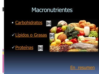 Macronutrientes

 Carbohidratos

 Lípidos o Grasas

 Proteínas



                        En resumen
 