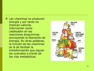 <ul><li>Las vitaminas no producen energía y por tanto no implican calorías. Intervienen como catalizador en las reacciones...