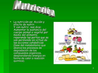 <ul><li>La nutrición es: Acción y efecto de nutrir. Y con nutrir, nos dice: Aumentar la sustancia del cuerpo animal o vege...