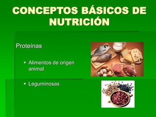 CONCEPTOS BÁSICOS DE
NUTRICIÓN
Proteínas
 Alimentos de origen
animal
 Leguminosas
 