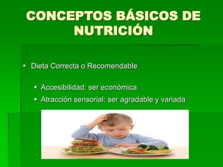 CONCEPTOS BÁSICOS DE
NUTRICIÓN
 Dieta Correcta o Recomendable
 Accesibilidad: ser económica
 Atracción sensorial: ser agradable y variada
 