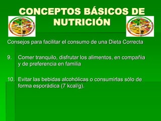 CONCEPTOS BÁSICOS DE
NUTRICIÓN
Consejos para facilitar el consumo de una Dieta Correcta
9. Comer tranquilo, disfrutar los alimentos, en compañia
y de preferencia en familia
10. Evitar las bebidas alcohólicas o consumirlas sólo de
forma esporádica (7 kcal/g).
 