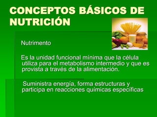 CONCEPTOS BÁSICOS DE
NUTRICIÓN
Nutrimento
Es la unidad funcional mínima que la célula
utiliza para el metabolismo intermedio y que es
provista a través de la alimentación.
Suministra energía, forma estructuras y
participa en reacciones químicas específicas
 