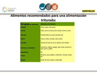 Alimentos recomendados para una alimentación
triturada:
Grupos de alimentos Alimentos de elección
Lácteos Leche, yogur, flan,queso
Carnes Pollo y pavo sin piel, jamón cocido, ternera, cerdo.
Pescado Pescado blanco sin piel, pescado azul
Huevo Huevo cocido, revuelto, clara cocida.
Cereales Sémola de trigo, de arroz, tapioca, pan tostado
Verduras y hortalizas
Zanahoria, cebolla, acelgas, judía verde, tomate sin
piel, puerro, patata
Legumbres No
Frutas
Manzana, pera, plátano, melocotón, naranja, fresas,
etc
Grasas Aceite de oliva, girasol, mantequilla
 