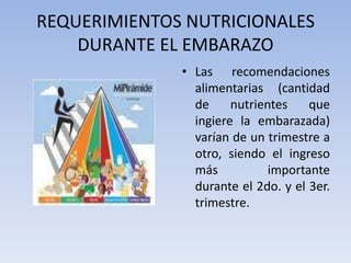REQUERIMIENTOS NUTRICIONALES DURANTE EL EMBARAZOLas recomendaciones alimentarias (cantidad de nutrientes que ingiere la embarazada) varían de un trimestre a otro, siendo el ingreso más importante durante el 2do. y el 3er. trimestre. 