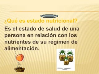 ¿Qué

es estado nutricional?
Es el estado de salud de una
persona en relación con los
nutrientes de su régimen de
alimentación.

 