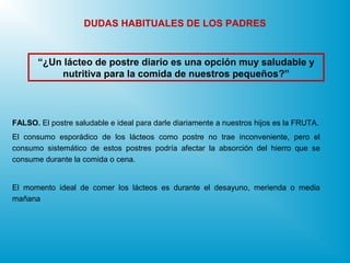 “¿Un lácteo de postre diario es una opción muy saludable y
nutritiva para la comida de nuestros pequeños?”
DUDAS HABITUALES DE LOS PADRES
FALSO. El postre saludable e ideal para darle diariamente a nuestros hijos es la FRUTA.
El consumo esporádico de los lácteos como postre no trae inconveniente, pero el
consumo sistemático de estos postres podría afectar la absorción del hierro que se
consume durante la comida o cena.
El momento ideal de comer los lácteos es durante el desayuno, merienda o media
mañana
 