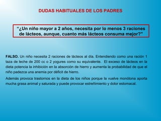“¿Un niño mayor a 2 años, necesita por lo menos 3 raciones
de lácteos, aunque, cuanto más lácteos consuma mejor?”
DUDAS HABITUALES DE LOS PADRES
FALSO. Un niño necesita 2 raciones de lácteos al día. Entendiendo como una ración 1
taza de leche de 200 cc o 2 yogures como su equivalente. El exceso de lácteos en la
dieta potencia la inhibición en la absorción de hierro y aumenta la probabilidad de que el
niño padezca una anemia por déficit de hierro.
Además provoca trastornos en la dieta de los niños porque la vuelve monótona aporta
mucha grasa animal y saturada y puede provocar estreñimiento y dolor estomacal.
 