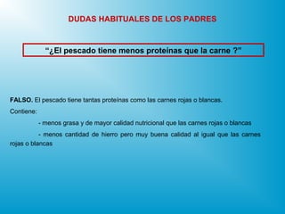 “¿El pescado tiene menos proteínas que la carne ?”
DUDAS HABITUALES DE LOS PADRES
FALSO. El pescado tiene tantas proteínas como las carnes rojas o blancas.
Contiene:
- menos grasa y de mayor calidad nutricional que las carnes rojas o blancas
- menos cantidad de hierro pero muy buena calidad al igual que las carnes
rojas o blancas
 