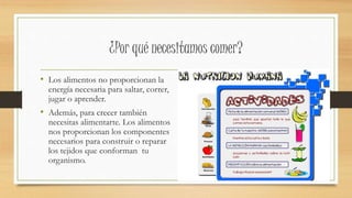 ¿Por qué necesitamos comer?
• Los alimentos no proporcionan la
energía necesaria para saltar, correr,
jugar o aprender.
• Además, para crecer también
necesitas alimentarte. Los alimentos
nos proporcionan los componentes
necesarios para construir o reparar
los tejidos que conforman tu
organismo.
 