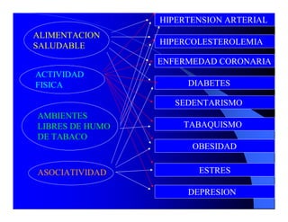HIPERTENSION ARTERIAL 
ALIMENTACION 
SALUDABLE         HIPERCOLESTEROLEMIA 

                  ENFERMEDAD CORONARIA 
ACTIVIDAD 
FISICA                 DIABETES 

                     SEDENTARISMO 
AMBIENTES 
LIBRES DE HUMO        TABAQUISMO 
DE TABACO 
                        OBESIDAD 


ASOCIATIVIDAD            ESTRES 

                       DEPRESION 
 