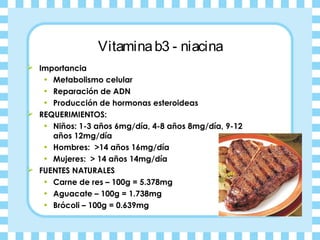 Vitamina b3 - niacina
 Importancia
   • Metabolismo celular
   • Reparación de ADN
   • Producción de hormonas esteroidea...