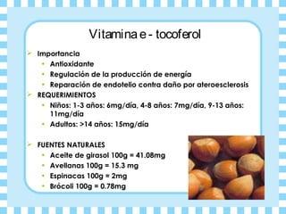 Vitamina e - tocoferol
 Importancia
   • Antioxidante
   • Regulación de la producción de energía
   • Reparación de endo...