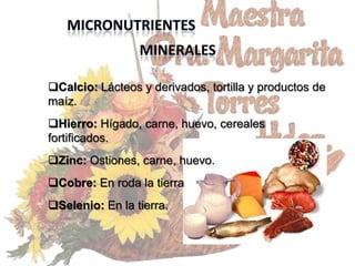 Calcio: Lácteos y derivados, tortilla y productos de
maíz.
Hierro: Hígado, carne, huevo, cereales
fortificados.
Zinc: Ostiones, carne, huevo.
Cobre: En roda la tierra
Selenio: En la tierra.
 