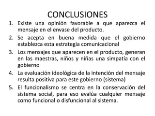 CONCLUSIONES
1. Existe una opinión favorable a que aparezca el
mensaje en el envase del producto.
2. Se acepta en buena medida que el gobierno
establezca esta estrategia comunicacional
3. Los mensajes que aparecen en el producto, generan
en las maestras, niños y niñas una simpatía con el
gobierno
4. La evaluación ideológica de la intención del mensaje
resulta positiva para este gobierno (sistema)
5. El funcionalismo se centra en la conservación del
sistema social, para eso evalúa cualquier mensaje
como funcional o disfuncional al sistema.
 