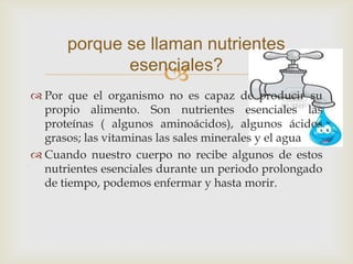 
 Por que el organismo no es capaz de producir su
propio alimento. Son nutrientes esenciales las
proteínas ( algunos aminoácidos), algunos ácidos
grasos; las vitaminas las sales minerales y el agua
 Cuando nuestro cuerpo no recibe algunos de estos
nutrientes esenciales durante un periodo prolongado
de tiempo, podemos enfermar y hasta morir.
porque se llaman nutrientes
esenciales?
 