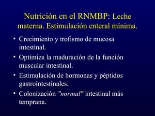 Nutrición en el RNMBP: Leche
materna. Estimulación enteral mínima.
• Crecimiento y trofismo de mucosa
intestinal.
• Optimiza la maduración de la función
muscular intestinal.
• Estimulación de hormonas y péptidos
gastrointestinales.
• Colonización "normal" intestinal más
temprana.
 