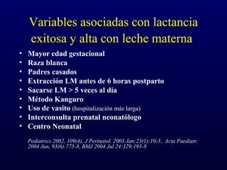 Variables asociadas con lactancia
exitosa y alta con leche materna
• Mayor edad gestacional
• Raza blanca
• Padres casados
• Extracción LM antes de 6 horas postparto
• Sacarse LM > 5 veces al día
• Método Kanguro
• Uso de vasito (hospitalización más larga)
• Interconsulta prenatal neonatólogo
• Centro Neonatal
Pediatrics 2002, 109(4), J Perinatol. 2003 Jan;23(1):10-3., Acta Paediatr.
2004 Jun, 93(6):775-8, BMJ 2004 Jul 24:329:193-8
 