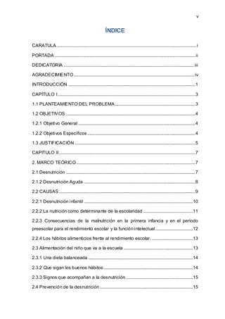 v
ÍNDICE
CARATULA ...........................................................................................................................i
PORTADA ............................................................................................................................ii
DEDICATORIA ...................................................................................................................iii
AGRADECIMIENTO.......................................................................................................... iv
INTRODUCCIÓN ................................................................................................................1
CAPÍTULO I.........................................................................................................................3
1.1 PLANTEAMIENTO DEL PROBLEMA.......................................................................3
1.2 OBJETIVOS ..................................................................................................................4
1.2.1 Objetivo General .......................................................................................................4
1.2.2 Objetivos Específicos ...............................................................................................4
1.3 JUSTIFICACIÓN ..........................................................................................................5
CAPITULO II........................................................................................................................7
2. MARCO TEÓRICO.........................................................................................................7
2.1 Desnutrición ..................................................................................................................7
2.1.2 Desnutrición Aguda ..................................................................................................8
2.2 CAUSAS ........................................................................................................................9
2.2.1 Desnutrición infantil ................................................................................................10
2.2.2 La nutrición como determinante de la escolaridad ............................................11
2.2.3 Consecuencias de la malnutrición en la primera infancia y en el período
preescolar para el rendimiento escolar y la función intelectual.................................12
2.2.4 Los hábitos alimenticios frente al rendimiento escolar. ....................................13
2.3 Alimentación del niño que va a la escuela .............................................................13
2.3.1 Una dieta balanceada ............................................................................................14
2.3.2 Que sigan los buenos hábitos...............................................................................14
2.3.3 Signos que acompañan a la desnutrición ...........................................................15
2.4 Prevención de la desnutrición ..................................................................................15
 