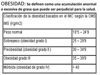 OBESIDAD: Se definen como una acumulación anormal
o excesiva de grasa que puede ser perjudicial para la salud.
 