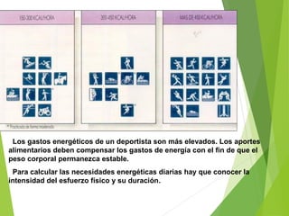 Los gastos energéticos de un deportista son más elevados. Los aportes
alimentarios deben compensar los gastos de energía con el fin de que el
peso corporal permanezca estable.
Para calcular las necesidades energéticas diarias hay que conocer la
intensidad del esfuerzo físico y su duración.
 