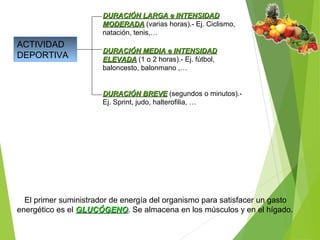 ACTIVIDAD
DEPORTIVA
DURACIÓN LARGA e INTENSIDADDURACIÓN LARGA e INTENSIDAD
MODERADAMODERADA (varias horas).- Ej. Ciclismo,
natación, tenis,…
DURACIÓN MEDIA e INTENSIDADDURACIÓN MEDIA e INTENSIDAD
ELEVADAELEVADA (1 o 2 horas).- Ej. fútbol,
baloncesto, balonmano ,…
DURACIÓN BREVEDURACIÓN BREVE (segundos o minutos).-
Ej. Sprint, judo, halterofilia, …
El primer suministrador de energía del organismo para satisfacer un gasto
energético es el GLUCÓGENOGLUCÓGENO. Se almacena en los músculos y en el hígado.
 
