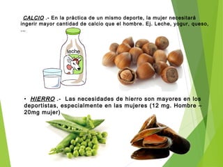 • CALCIOCALCIO .- En la práctica de un mismo deporte, la mujer necesitará
ingerir mayor cantidad de calcio que el hombre. Ej. Leche, yogur, queso,
…
• HIERROHIERRO .- Las necesidades de hierro son mayores en los
deportistas, especialmente en las mujeres (12 mg. Hombre –
20mg mujer)
 