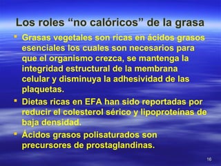1616
Los roles “no calóricos” de la grasa
 Grasas vegetales son ricas en ácidos grasos
esenciales los cuales son necesarios para
que el organismo crezca, se mantenga la
integridad estructural de la membrana
celular y disminuya la adhesividad de las
plaquetas.
 Dietas ricas en EFA han sido reportadas por
reducir el colesterol sérico y lipoproteínas de
baja densidad.
 Ácidos grasos polisaturados son
precursores de prostaglandinas.
 
