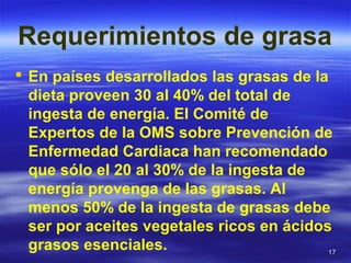 1717
Requerimientos de grasa
 En países desarrollados las grasas de la
dieta proveen 30 al 40% del total de
ingesta de energía. El Comité de
Expertos de la OMS sobre Prevención de
Enfermedad Cardiaca han recomendado
que sólo el 20 al 30% de la ingesta de
energía provenga de las grasas. Al
menos 50% de la ingesta de grasas debe
ser por aceites vegetales ricos en ácidos
grasos esenciales.
 