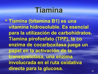2828
Tiamina
 Tiamina (bitamina B1) es una
vitamina hidrosoluble. Es esencial
para la utilización de carbohidratos.
Tiamina pirofosfato (TPP), la co
enzima de cocarboxilasa juega un
papel en la activación de la
transquelolasa, una enzima
involucrada en el ruta oxidativa
directa para la glucosa.
 
