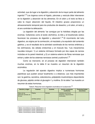 27
actividad, que da lugar a la digestión y absorción de la mayor parte del alimento
ingerido”.33
Los órganos como el hígado, páncreas y vesícula biliar intervienen
en la digestión y absorción de los alimentos. En el colon y el recto se lleva a
cabo la mayor absorción del líquido. El intestino grueso proporciona un
almacenamiento temporal para los productos de desecho; y el colon, el recto y
el ano controlan la defecación.
La digestión del alimento “se consigue por la hidrólisis dirigida por las
enzimas. Cofactores como el ácido clorhídrico, la bilis y el bicarbonato sódico
favorecen los procesos de digestión y absorción”.34
El movimiento del tubo
digestivo, se origina por la contracción, el mezclado y la expulsión del contenido
gástrico, y es el resultado de la actividad coordinada de los nervios entéricos y
los extrínsecos, las células endocrinas y el músculo liso. “Los mecanismos
neurales incluyen: 1) un sistema intrínseco formado por dos capas de nervios
incluidas en la pared intestinal, y 2) un sistema externo de fibras nerviosas que
entran y salen de los sistemas nerviosos central y autónomo”.35
Como se mencionó, en el proceso de digestión intervienen también
muchas enzimas, en la tabla 6 se muestra un resumen de la digestión
enzimática.
La regulación del aparato digestivo implica a numerosas hormonas
peptídicas que pueden actuar localmente o a distancia. Las más importantes
son: la gastrina, secretina, colecistocina, polipéptido insulinotrópico dependiente
de glucosa, péptido similar al glucagón-1 y motilina. En la tabla 7 se muestra un
resumen de estas hormonas.
Tabla 6. Resumen de la digestión enzimática en la absorción.
36
Sección y origen Enzimas Sustrato Acción y productos
resultantes
Productos finales
absorbidos
Saliva de las
glándulas salivales de
la boca
Ptialina Almidón Hidrólisis para formar
dextrinas y oligosacáridos
ramificados
-
(amilasa salivar)
33
Mahan, Escott-Stump, Krause, Dietoterapia, p. 6.
34
Mahan, Escott-Stump, Krause, Dietoterapia, p. 6.
35
Mahan, Escott-Stump, Krause, Dietoterapia, p. 6.
36
Mahan, Escott-Stump, Krause, Dietoterapia, p. 6.
 