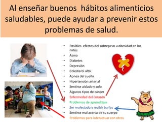 Al enseñar buenos hábitos alimenticios
saludables, puede ayudar a prevenir estos
problemas de salud.
• Posibles efectos del sobrepeso u obesidad en los
niños
• Asma
• Diabetes
• Depresión
• Colesterol alto
• Apnea del sueño
• Hipertensión arterial
• Sentirse aislado y solo
• Algunos tipos de cáncer
• Enfermedad del corazón
• Problemas de aprendizaje
• Ser molestado y recibir burlas
• Sentirse mal acerca de su cuerpo
• Problemas para interactuar con otros
 