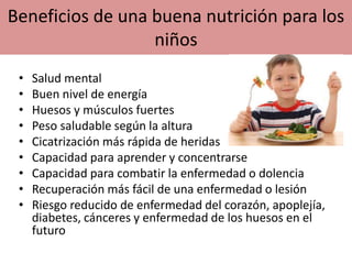 Beneficios de una buena nutrición para los
niños
• Salud mental
• Buen nivel de energía
• Huesos y músculos fuertes
• Peso saludable según la altura
• Cicatrización más rápida de heridas
• Capacidad para aprender y concentrarse
• Capacidad para combatir la enfermedad o dolencia
• Recuperación más fácil de una enfermedad o lesión
• Riesgo reducido de enfermedad del corazón, apoplejía,
diabetes, cánceres y enfermedad de los huesos en el
futuro
 