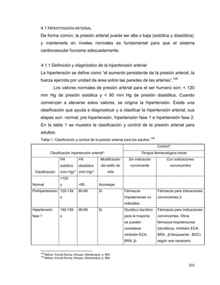 101
4.1 HIPERTENSIÓN ARTERIAL
De forma común, la presión arterial puede ser alta o baja (sistólica y diastólica),
y mantenerla en niveles normales es fundamental para que el sistema
cardiovascular funcione adecuadamente.
4.1.1 Definición y diagnóstico de la hipertensión arterial
La hipertensión se define como “el aumento persistente de la presión arterial, la
fuerza ejercida por unidad de área sobre las paredes de las arterias”.108
Los valores normales de presión arterial para el ser humano son: < 120
mm Hg de presión sistólica y < 80 mm Hg de presión diastólica. Cuando
comienzan a elevarse estos valores, se origina la hipertensión. Existe una
clasificación que ayuda a diagnosticar y a clasificar la hipertensión arterial; sus
etapas son: normal, pre hipertensión, hipertensión fase 1 e hipertensión fase 2.
En la tabla 1 se muestra la clasificación y control de la presión arterial para
adultos:
Tabla 1. Clasificación y control de la presión arterial para los adultos.
109
Clasificación hipertensión arterial*
Control*
Terapia farmacológica inicial
Clasificación
PA PA Modificación
del estilo de
vida
Sin indicación
convincente
Con indicaciones
convincentessistólica
(mm Hg)*
diastólica
(mm Hg)*
Normal
<120
y <80 Aconsejar
Prehipertensión 120-139
o
80-89 Si Fármacos
hopotensores no
indicados
Fármacos para indicaciones
convincentes ‡
Hipertensión
fase 1
140-159
o
90-99 Si Diurético tiacídico
para la mayoría;
se pueden
considerar
inhibidor ECA,
BRA, β-
Fármacos para indicaciones
convincentes. Otros
fármacos hopotensores
(diuréticos, inhibidor ECA;
BRA , β-bloqueante , BCC)
según sea necesario
108
Mahan, Escott-Stump, Krause, Dietoterapia, p. 865.
109
Mahan, Escott-Stump, Krause, Dietoterapia, p. 866.
 